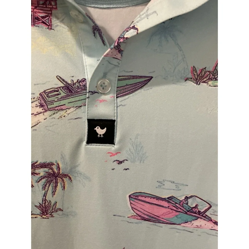 Bad Birdie‎ Polo Shirt Mens Size Small Boating Palm Tree Print Golf Short Sleeve